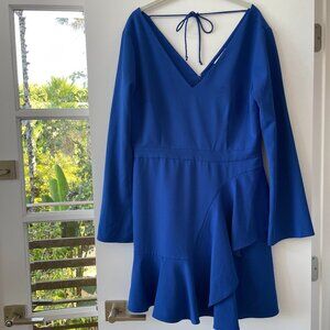 Cooper St Long Sleeve Ruffle Mini Dress‎ in Cobalt Blue, Back Tie, V-Neck, 12
